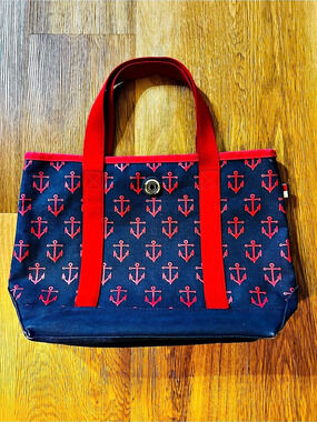Tommy Hilfiger Anchor Print Canvas Beach Tote in Blue & Red